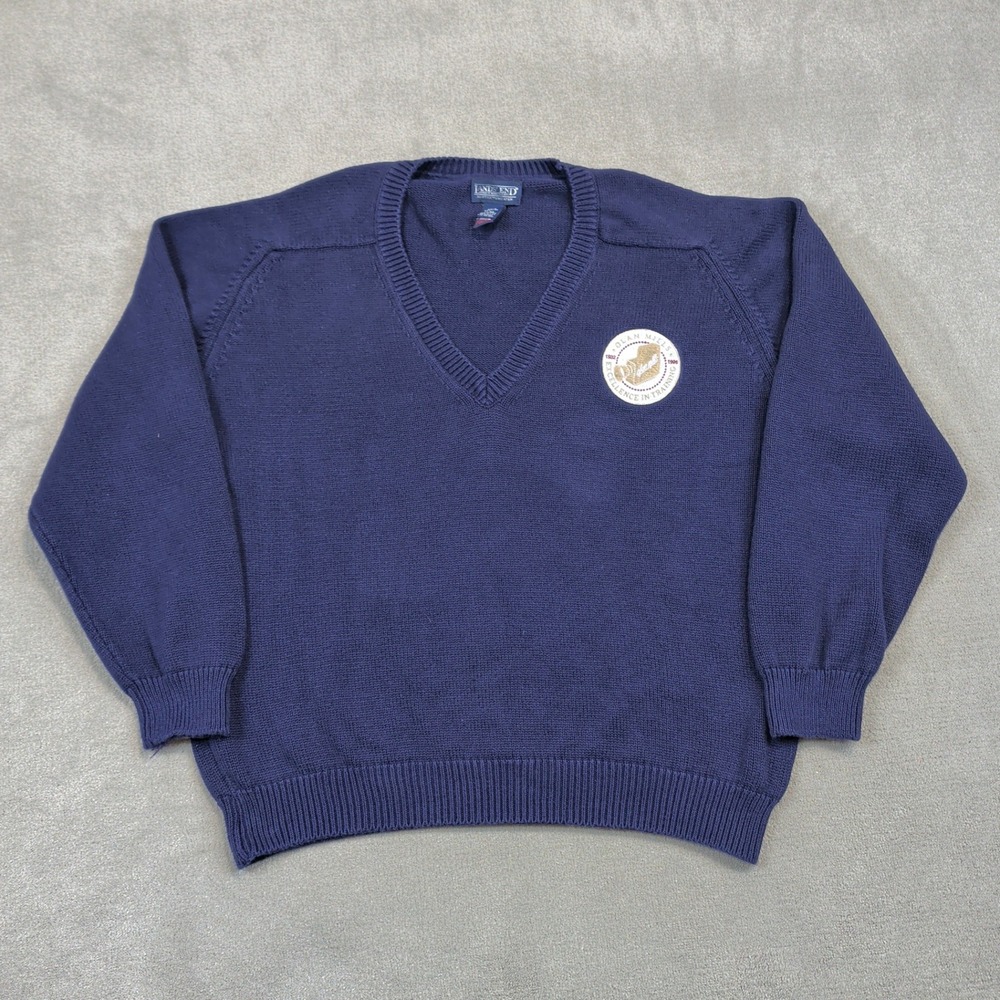 Vintage Lands End Drifter Sweater Mens Large Navy Blue V-Neck Cotton Olan Mills